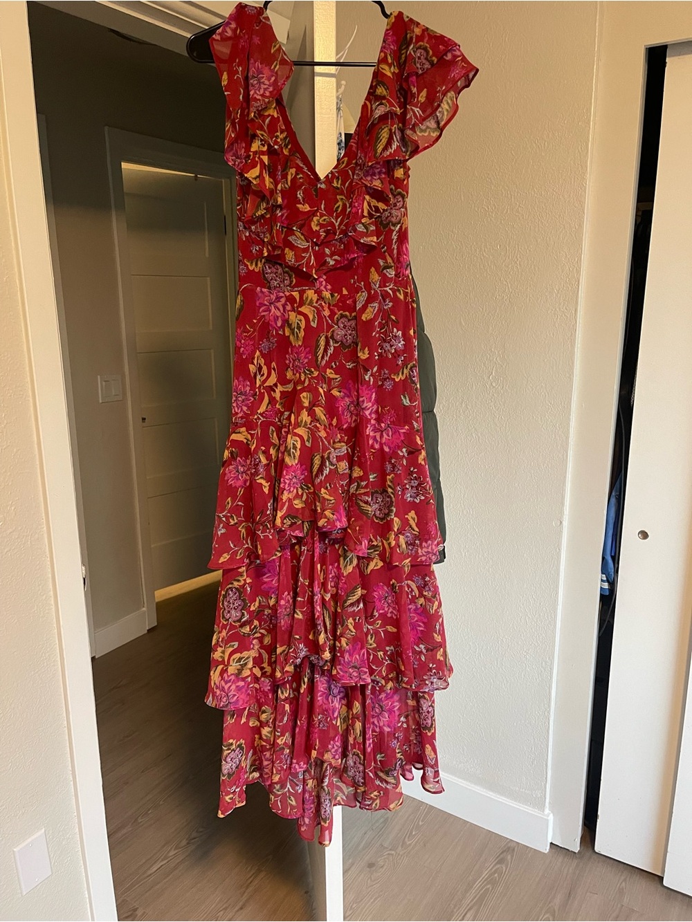 Wayf Fuchsia Floral Ruffle Tiered High-Low Dress